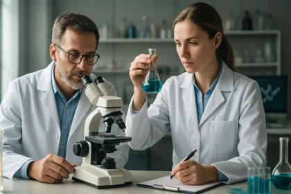 Két kutató laboratóriumban űrkémiai kísérleteket végez