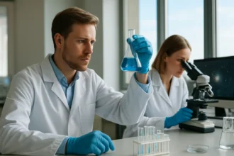 Kémikusok laboratóriumban az univerzum felfedezésére készülnek.