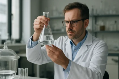 Kémikus üveg edényben folyadékot vizsgál.