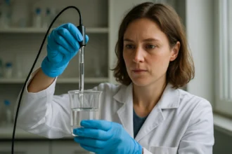 Kémiai laboratóriumban üvegelektród használata pH-méréshez.