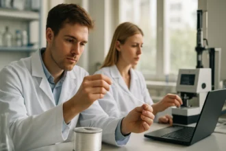 Két kutató üvegszálat vizsgál laboratóriumban.