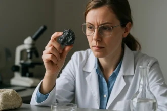 Női kutató antimon-trioxid ásványt vizsgál laboratóriumban.