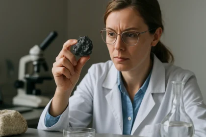 Női kutató antimon-trioxid ásványt vizsgál laboratóriumban.