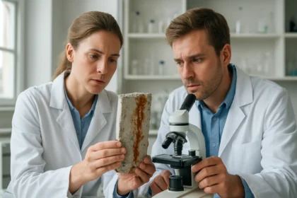 Két kutató elemzi a vályatkorroziós mintát laboratóriumban.