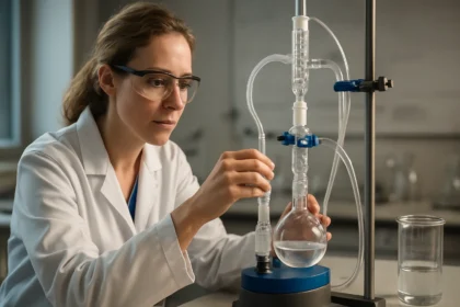 Vákuumdesztilláció laboratóriumban, kémiai folyamat során.