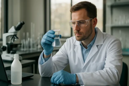 Kémikus salétromsavval laboratóriumban.