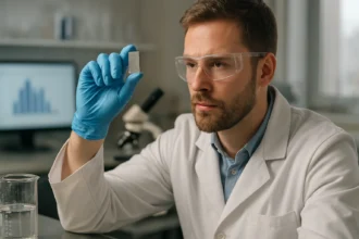 Kémikus vanádiumot vizsgál a laboratóriumban, kék kesztyűben.