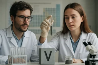 Két kutató a vanádium kémiai tulajdonságait vizsgálja laboratóriumban.