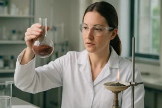 Kémikus narancs-vörös porral a laborban