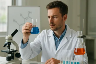 Laboratóriumi kísérlet vanádiumsavakkal, a kémia tudományának bemutatása.