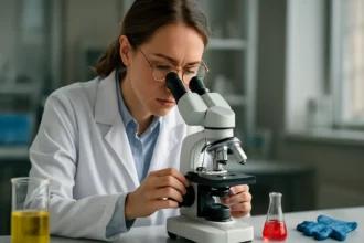 Kémikus mikroszkóppal vizsgálja a vegyületeket laboratóriumban.