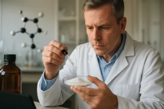 Kémikus vas-arzen-szulfidot vizsgál egy laboratóriumban.