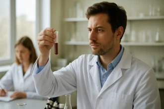 Kémikus laboratóriumban kémcsövet vizsgálva