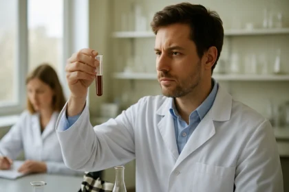 Kémikus laboratóriumban kémcsövet vizsgálva