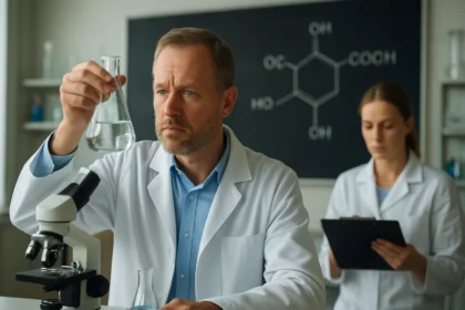 Kémikusok laboratóriumban, vasgálic kutatása közben.