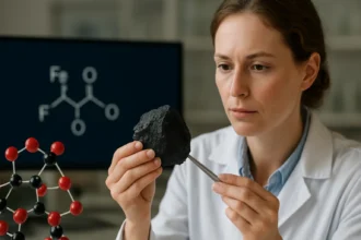 Kémikus a mágnesvasérccel (magnetit) és vas-oxid molekuláris szerkezetével.