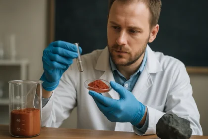 Kémikus vas(II)-oxid mintáját vizsgálja laboratóriumban.