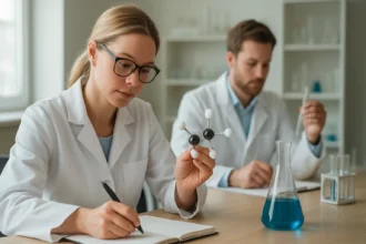 Két tudós laboratóriumban, a vastimsó kémiai jellemzőit tanulmányozzák.