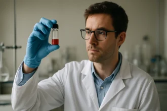 Kémikus kísérlet közben, vörös folyadékot vizsgálva.