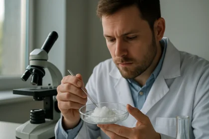 Kutató férfi vasvitriolt vizsgál egy petri csészében laboratóriumban.