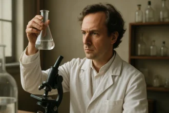 Vegyész laboratóriumi munkája közben, kémcsővel és mikroszkóppal