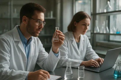 Kutatók laboratóriumban végeznek kémiai vizsgálatokat.