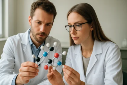 Két kémikus vegyes éterek molekuláját vizsgálja laboratóriumban.