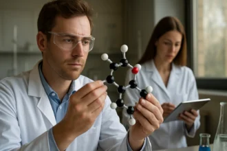 Kémikusok a molekuláris struktúrák tanulmányozása során.