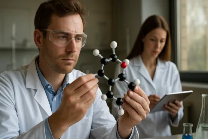 Kémikusok a molekuláris struktúrák tanulmányozása során.