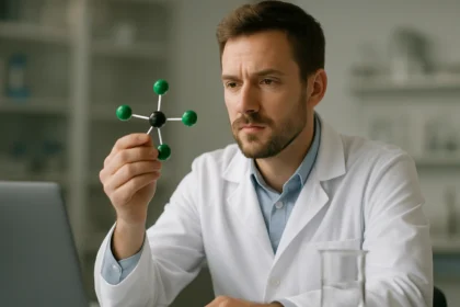 Férfi kémikus minta molekulát vizsgál.