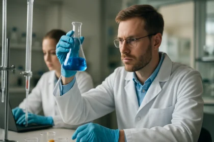 Vegyészmérnök laboratóriumban, kék folyadékot tart a kezeiben