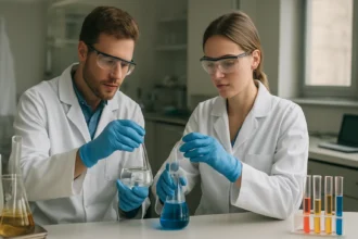 Kutatók vegyi kikészítő laboratóriumban anyagfldolgozás során.