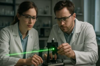 Két tudós vegyi lézeres kísérletet végez laboratóriumban.