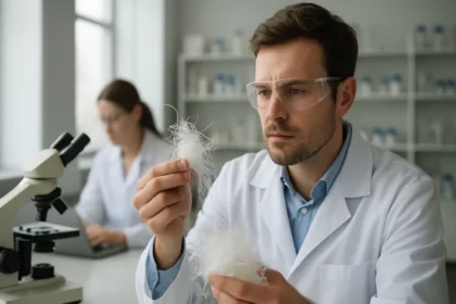 Vegyi szálakat vizsgáló kutató laboratóriumban.