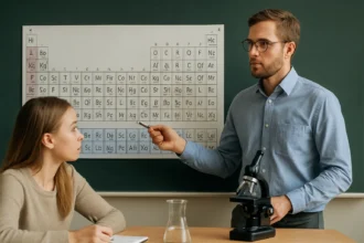 Tanár a periódusos rendszerrel és diákja, oktatás kémia