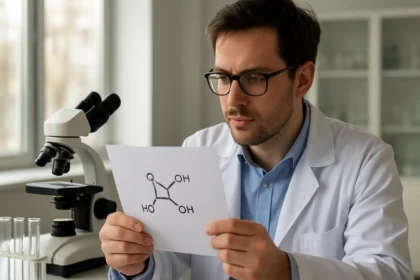 Kémikus a tetrahidroxi-2,2'-bipiridin-N,N'-dioxid képletét elemzi.