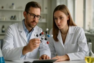 Két kémikus vegyületmodellezést végez a laboratóriumban.