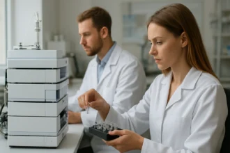 Két kutató vékonyréteg-kromatográfiás kísérletet végez a laborban.