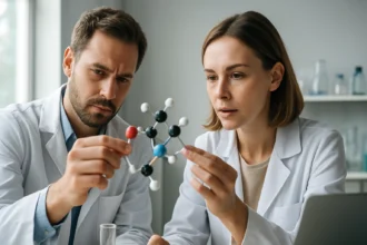 Két kutató vendégmolekulát vizsgál egy laboratóriumban