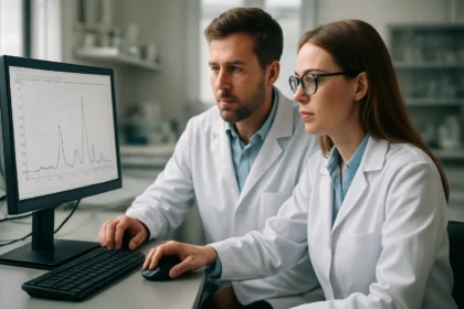 Laboratóriumi szakemberek vibrációs spektroszkópiai elemzést végeznek