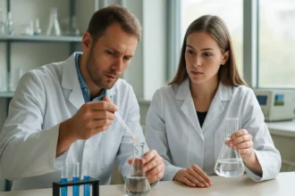 Két kutató a laborban, középpontban a VIC fluoreszcens jelölő használatával