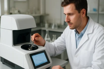 Laboratóriumi szakember termogravimetrikus vizsgálatot végez