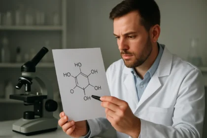Kutató a tetrahidroxi-monoxi-dibór(III)-sav molekuláris képletét vizsgálja.