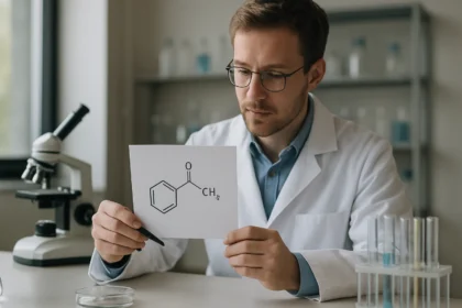 Szerves kémikus vicinális kifejezést tanulmányozó laboratóriumban.