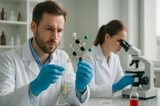 Kémikusok dolgoznak vic-dihalogenidek modellezésén laboratóriumban