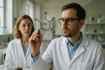 Kutatók a vicinális ketonok szerkezetét kutatják laboratóriumban.