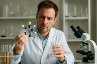 Kémikus a vicinalis trimetil-benzol molekuláját vizsgálja laboratóriumban.