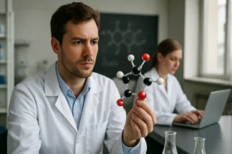 Kémikusok vinil molekulát vizsgálnak laboratóriumban.