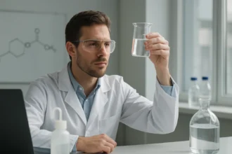 Kémikus vinil-acetátot vizsgál egy laboratóriumban.