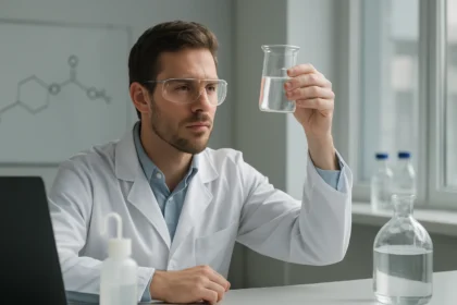 Kémikus vinil-acetátot vizsgál egy laboratóriumban.